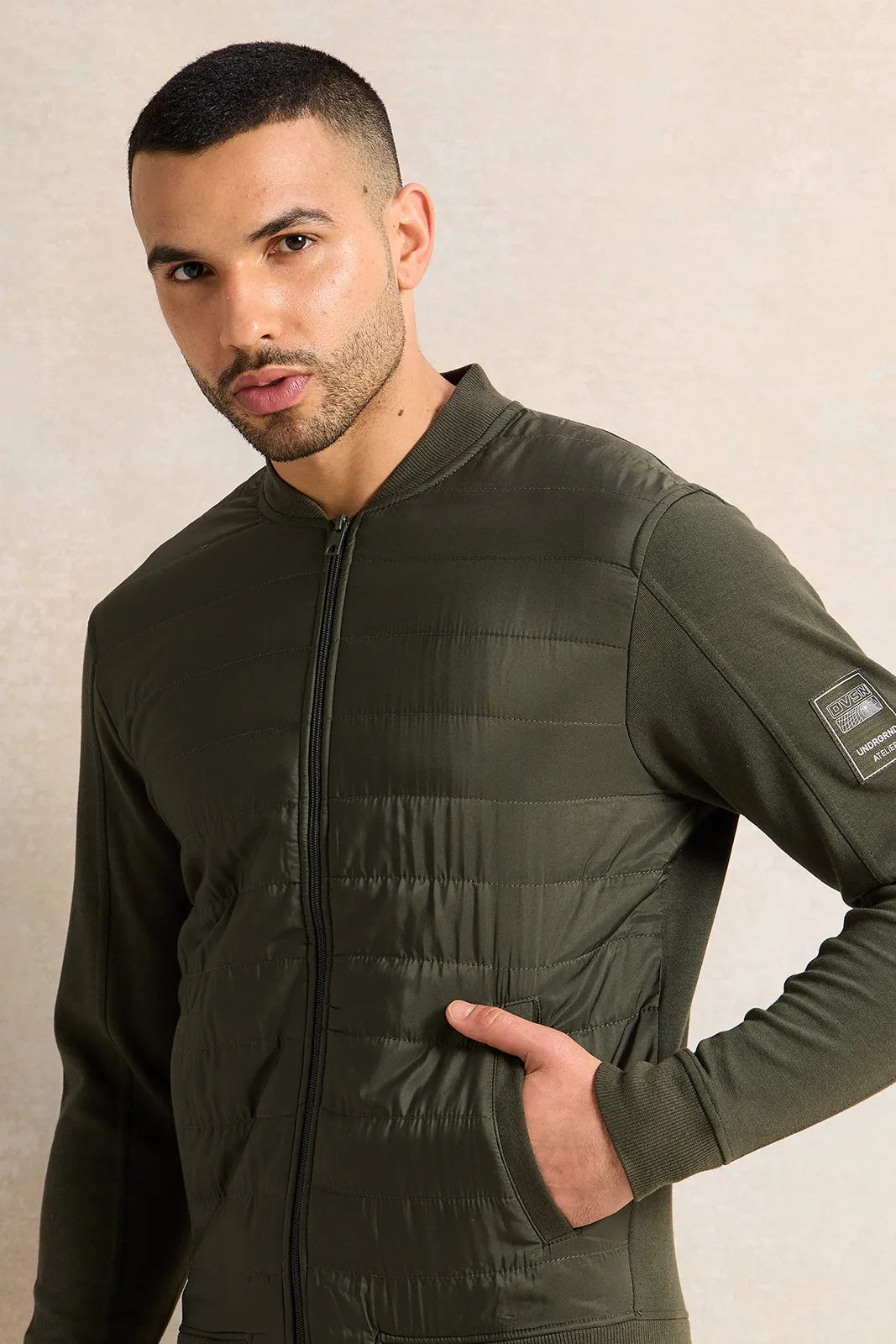 Men Olive Bomber Jacket With Knit Sleeves