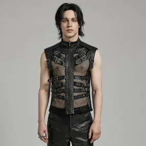 Men's Punk Rock Multi-buckles Mesh Splice Faux Leather Vest