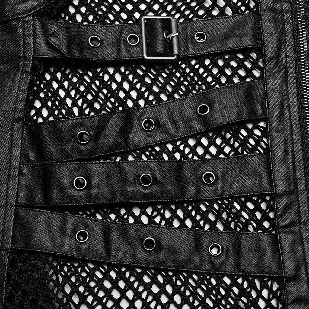 Men's Punk Rock Multi-buckles Mesh Splice Faux Leather Vest