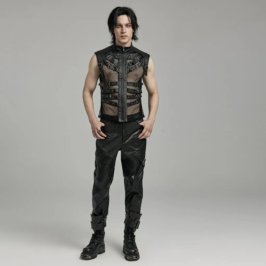 Men's Punk Rock Multi-buckles Mesh Splice Faux Leather Vest