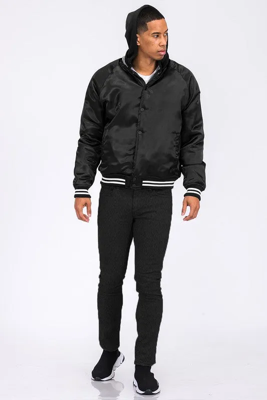 Men's Satin Black Varsity Bomber Jacket w/Hood