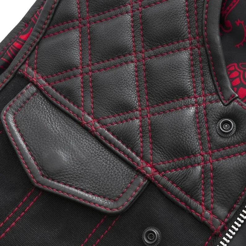 Men's Stinger Biker Vest Or Hunt Club Leather Builder Diamond Quilted Motorcycle Vest Black & Red