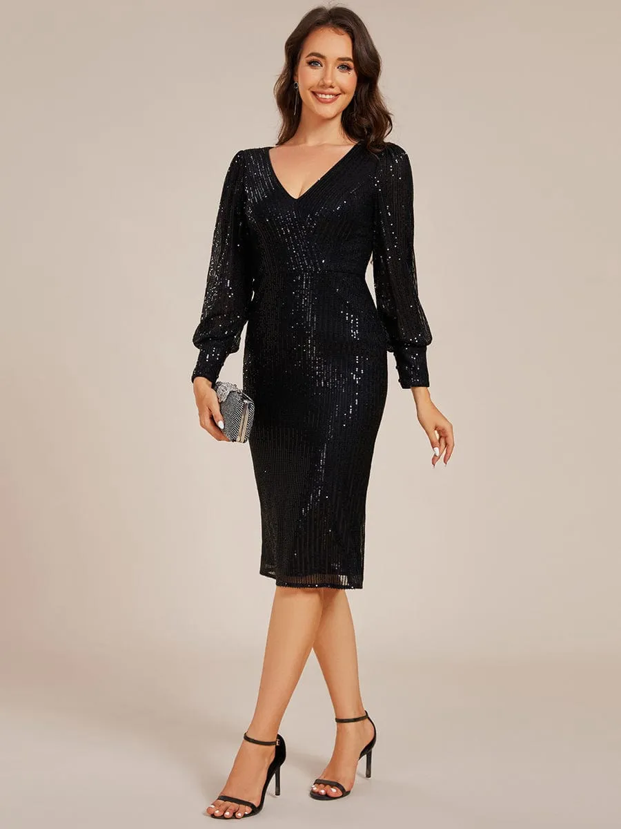 Mila | Sequin Long Sleeve Pencil Bodycon V-Neck Midi Wedding Guest Dress