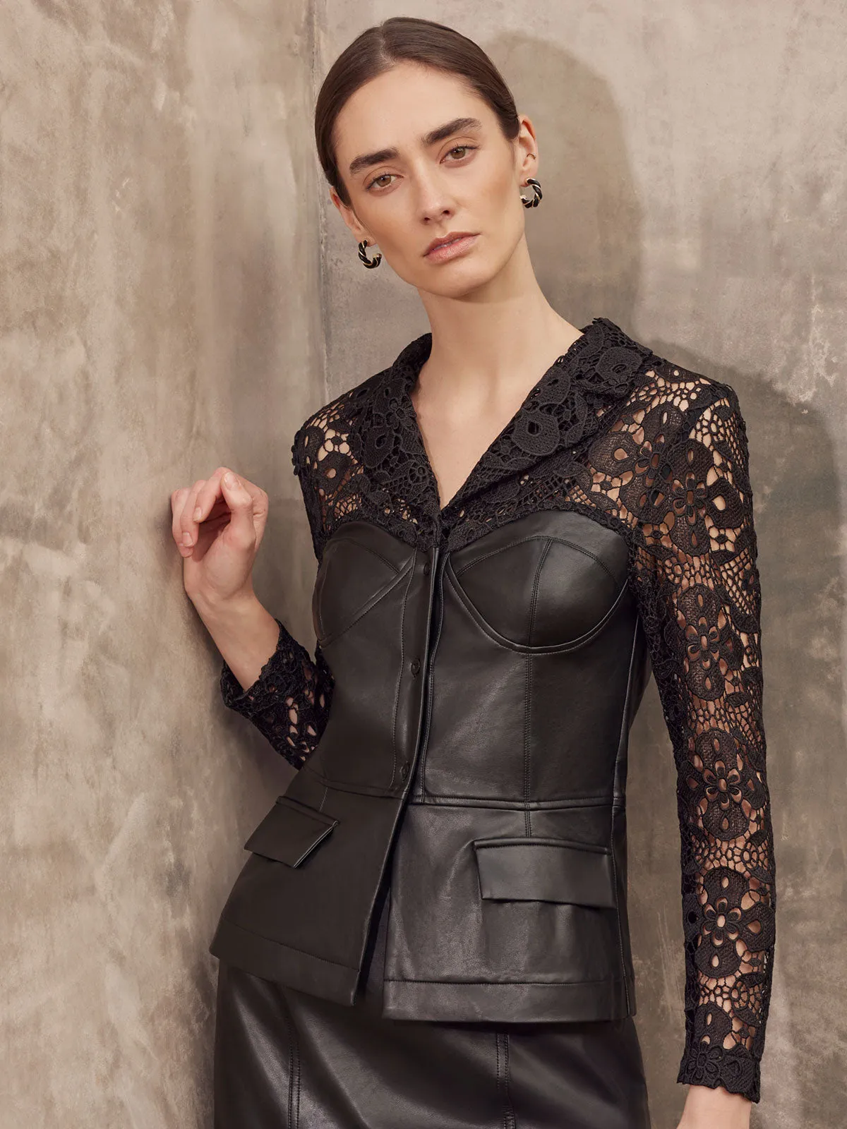 Modern Fit Lace & Vegan Leather Corset Jacket