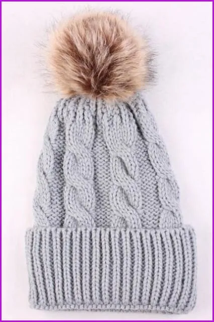 Mom And Kids Winter Knit Faux Fur Pompom Hats