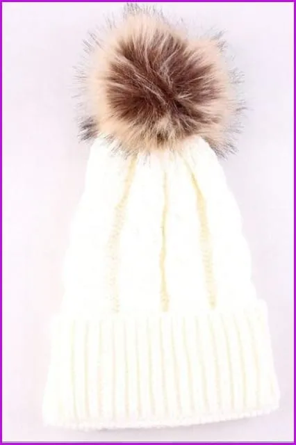 Mom And Kids Winter Knit Faux Fur Pompom Hats