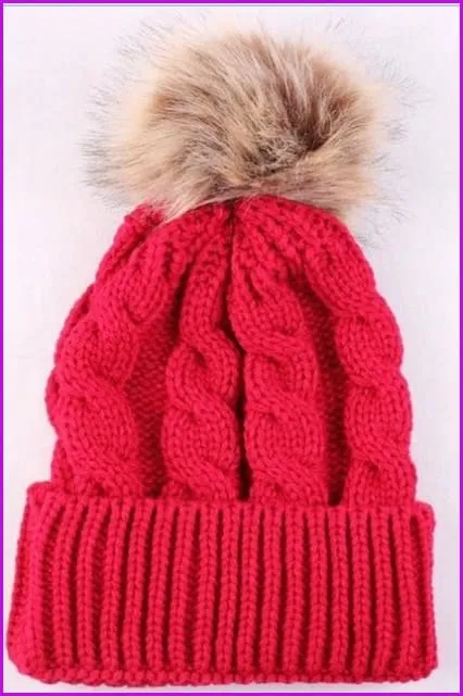 Mom And Kids Winter Knit Faux Fur Pompom Hats