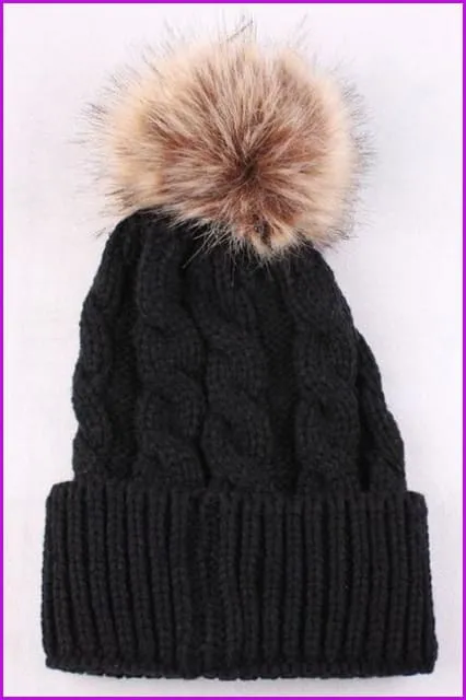 Mom And Kids Winter Knit Faux Fur Pompom Hats