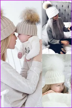 Mom And Kids Winter Knit Faux Fur Pompom Hats