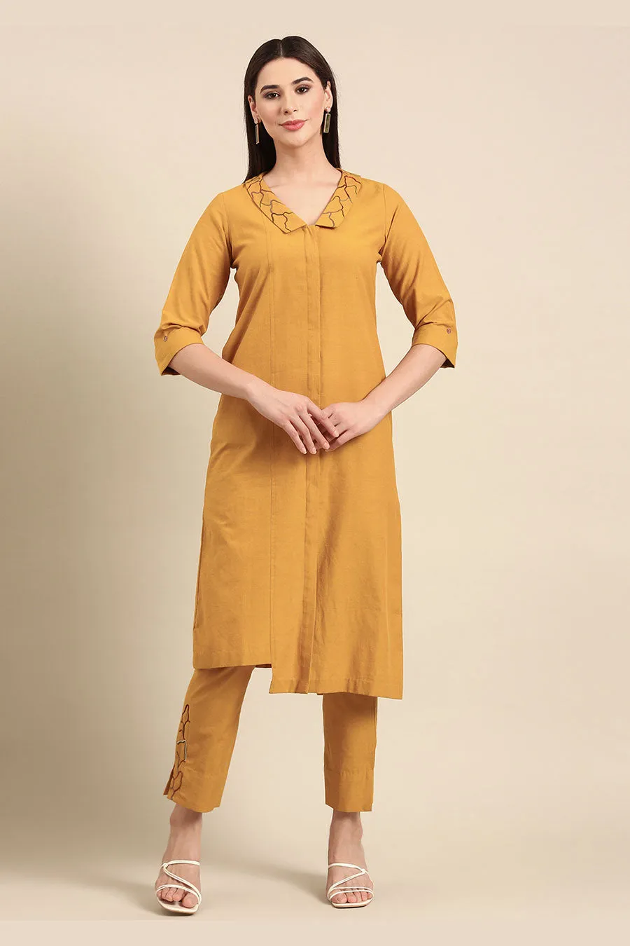 Mustard Embroidered Tunic & Pant Co-Ord Set