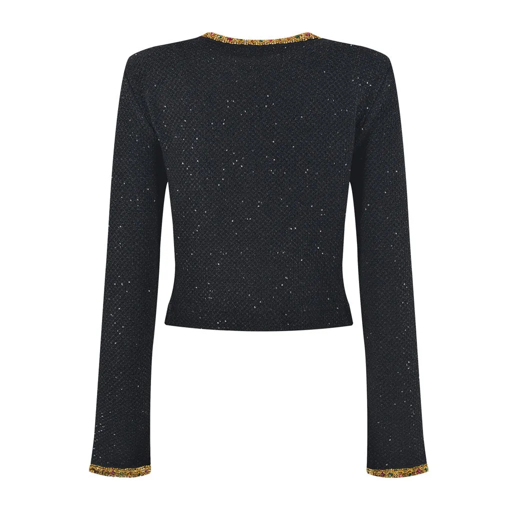 Opulent Crystal Trim Crew Neck Button Up Cropped Wool Knit Sequin Cardigan