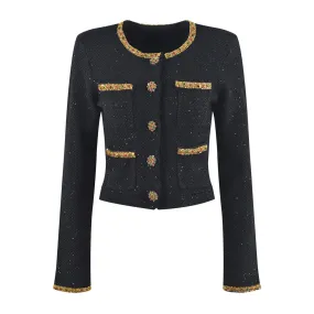 Opulent Crystal Trim Crew Neck Button Up Cropped Wool Knit Sequin Cardigan