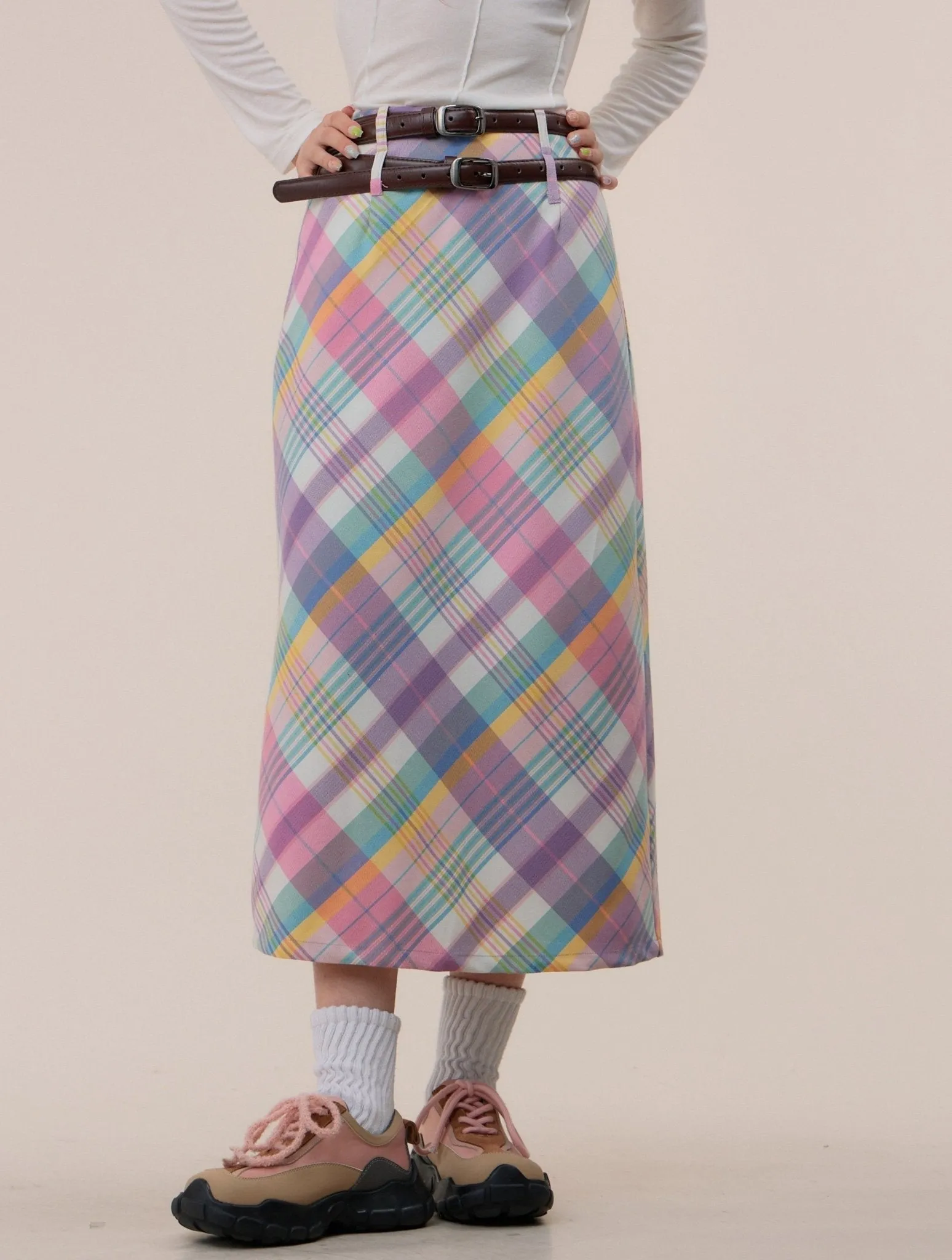 Pastel Plaid Midi Skirt