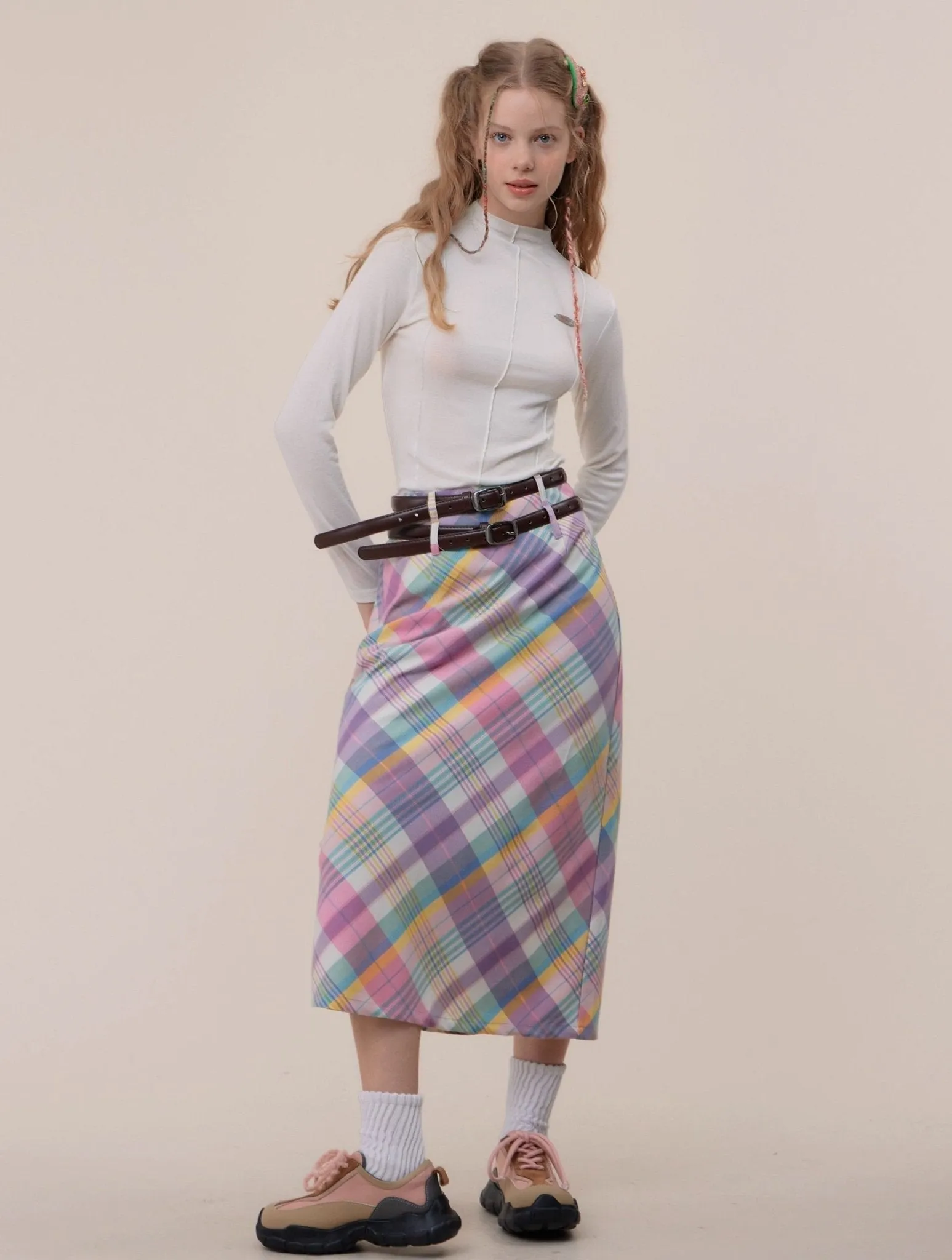 Pastel Plaid Midi Skirt