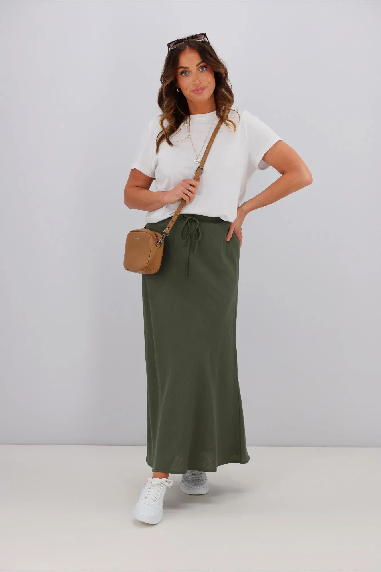 Shine On Label Paloma Bias Linen Blend Skirt Olive