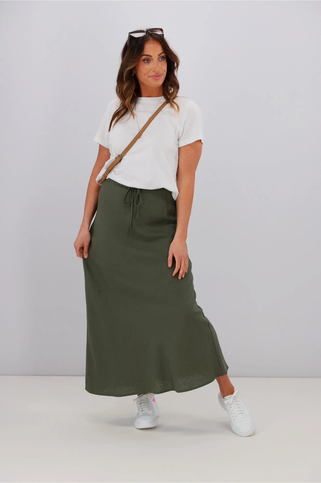 Shine On Label Paloma Bias Linen Blend Skirt Olive