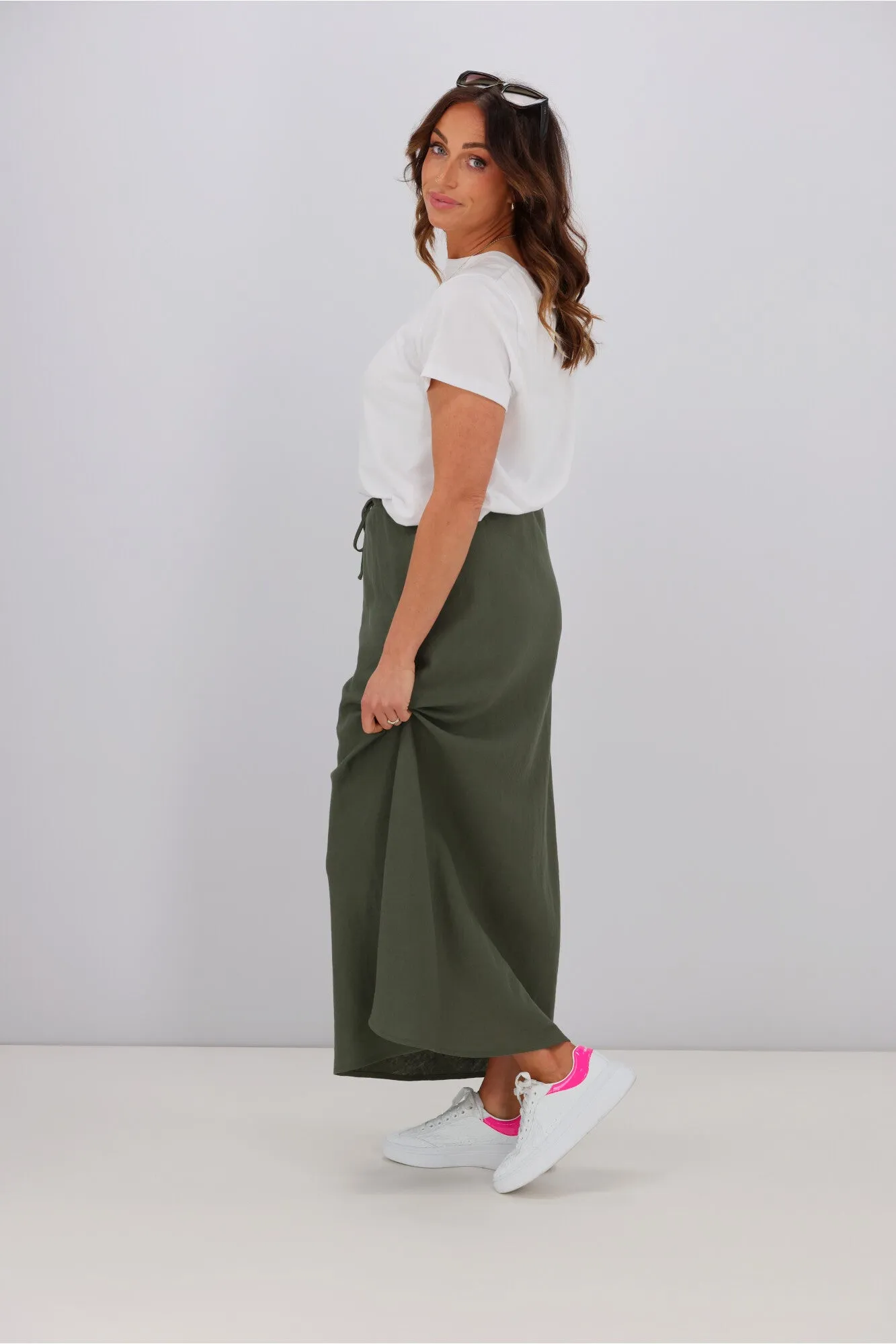 Shine On Label Paloma Bias Linen Blend Skirt Olive