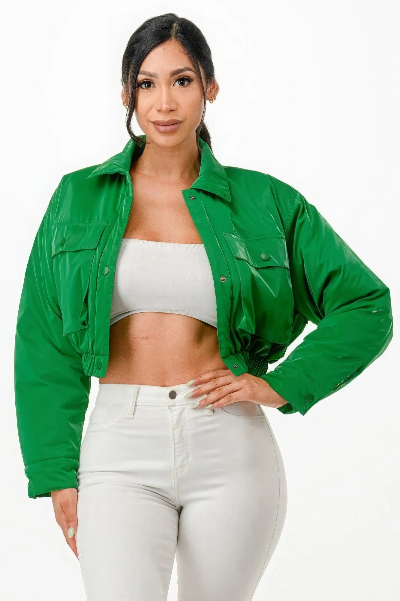 Shiny Puffer Bomber Cropped Coat Jacket