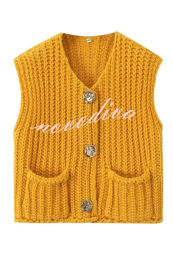 Solid Color Sleeveless Pocket Knitted Vest