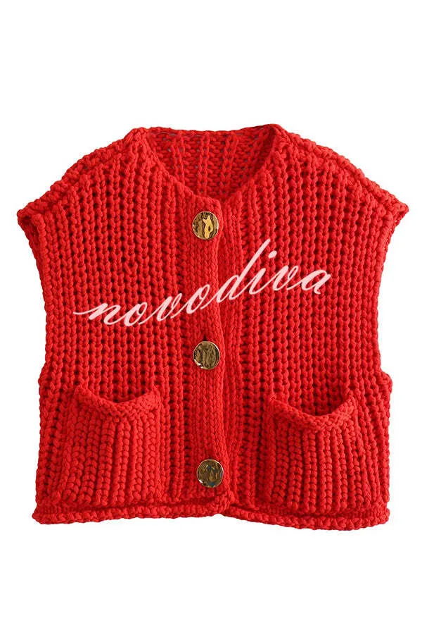 Solid Color Sleeveless Pocket Knitted Vest