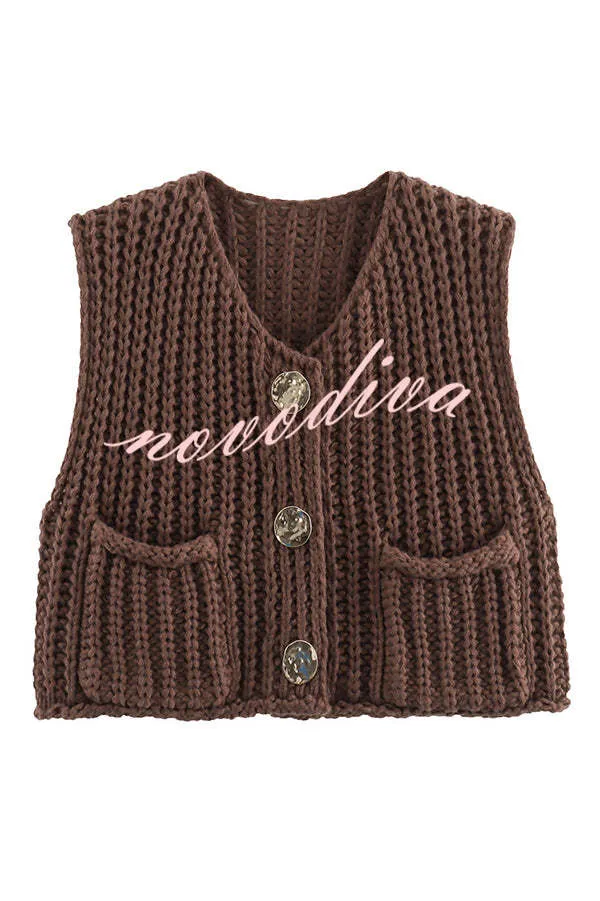 Solid Color Sleeveless Pocket Knitted Vest