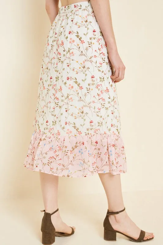 TIERED FLORAL MIDI SKIRT