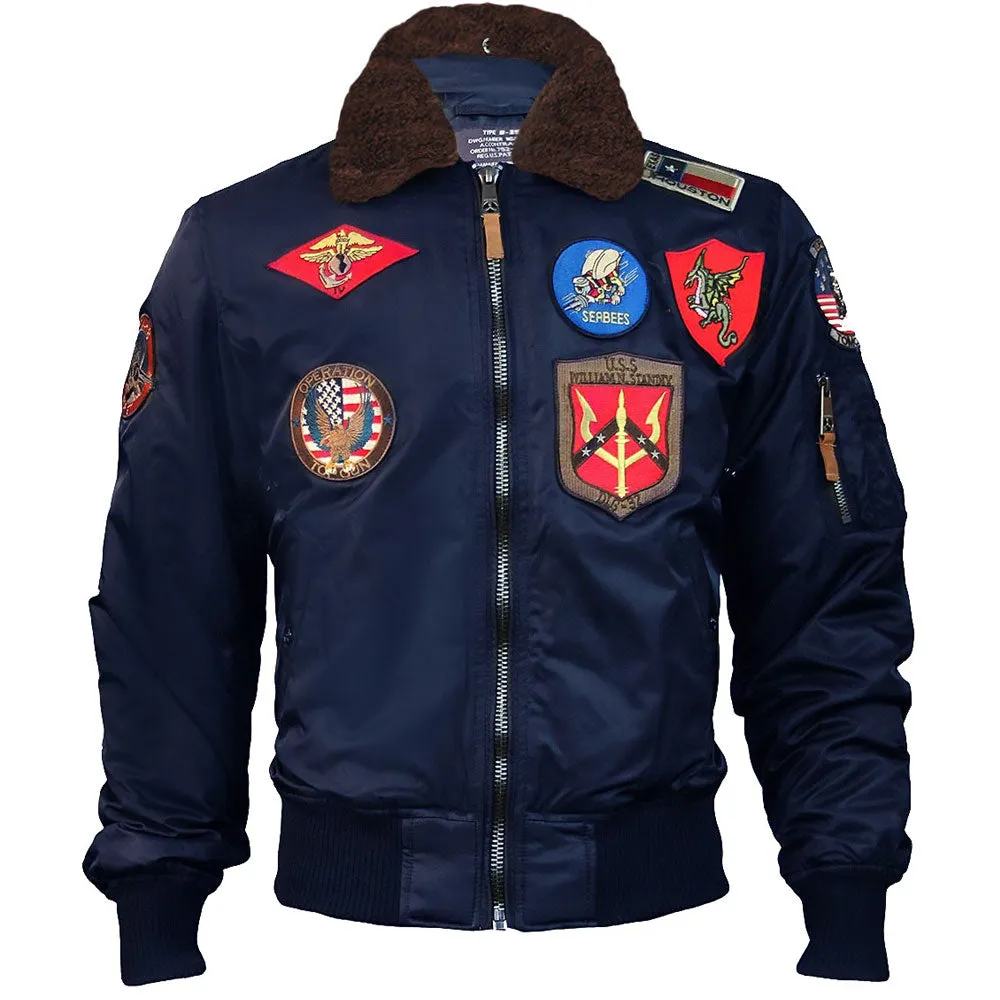 Top Gun Official B 15 Mens Flight Bomber Jacket with Patches Navy