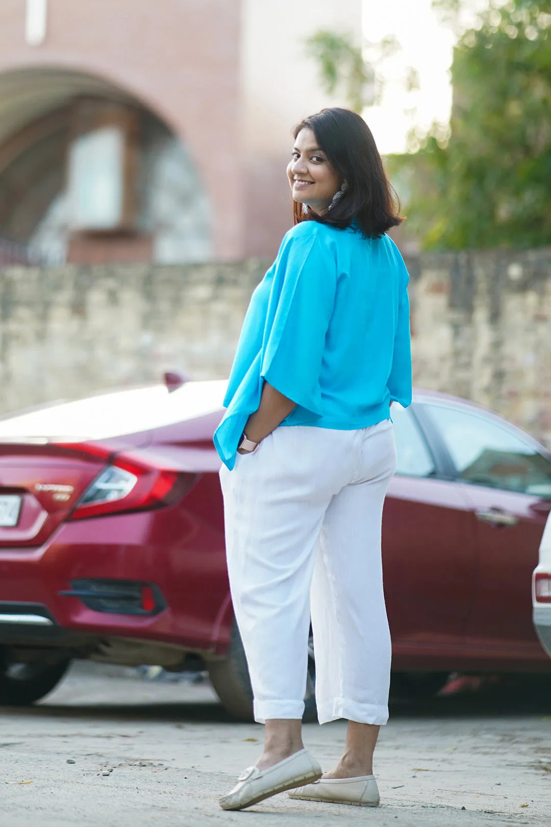 Turquoise Rayon KaftanTop & MilkyWhite Palazzo - Summerday