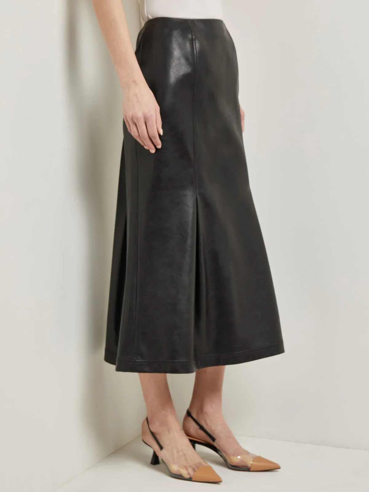 Vegan Leather Front Pleat Trumpet Skirt