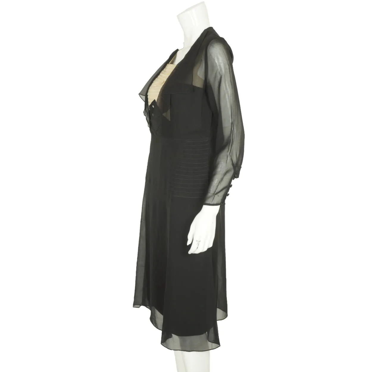 Vintage 1920s Black Silk Chiffon Day Dress with Lace Bib Size Medium