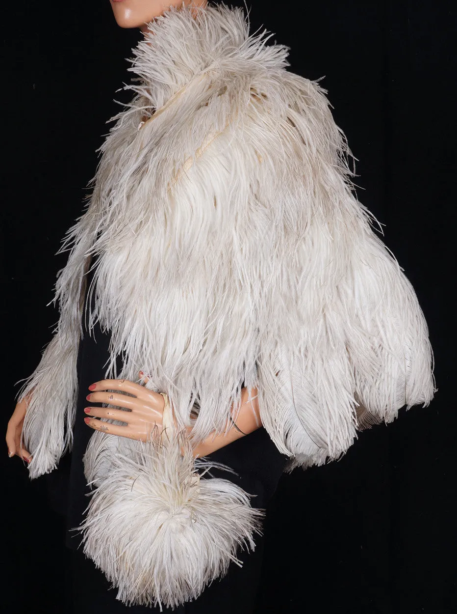 Vintage 1930s White Ostrich Feather Cape 30s Evening Capelet with Matching Purse  S / M