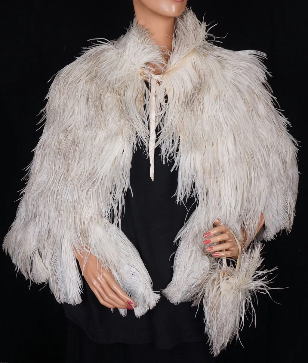 Vintage 1930s White Ostrich Feather Cape 30s Evening Capelet with Matching Purse  S / M