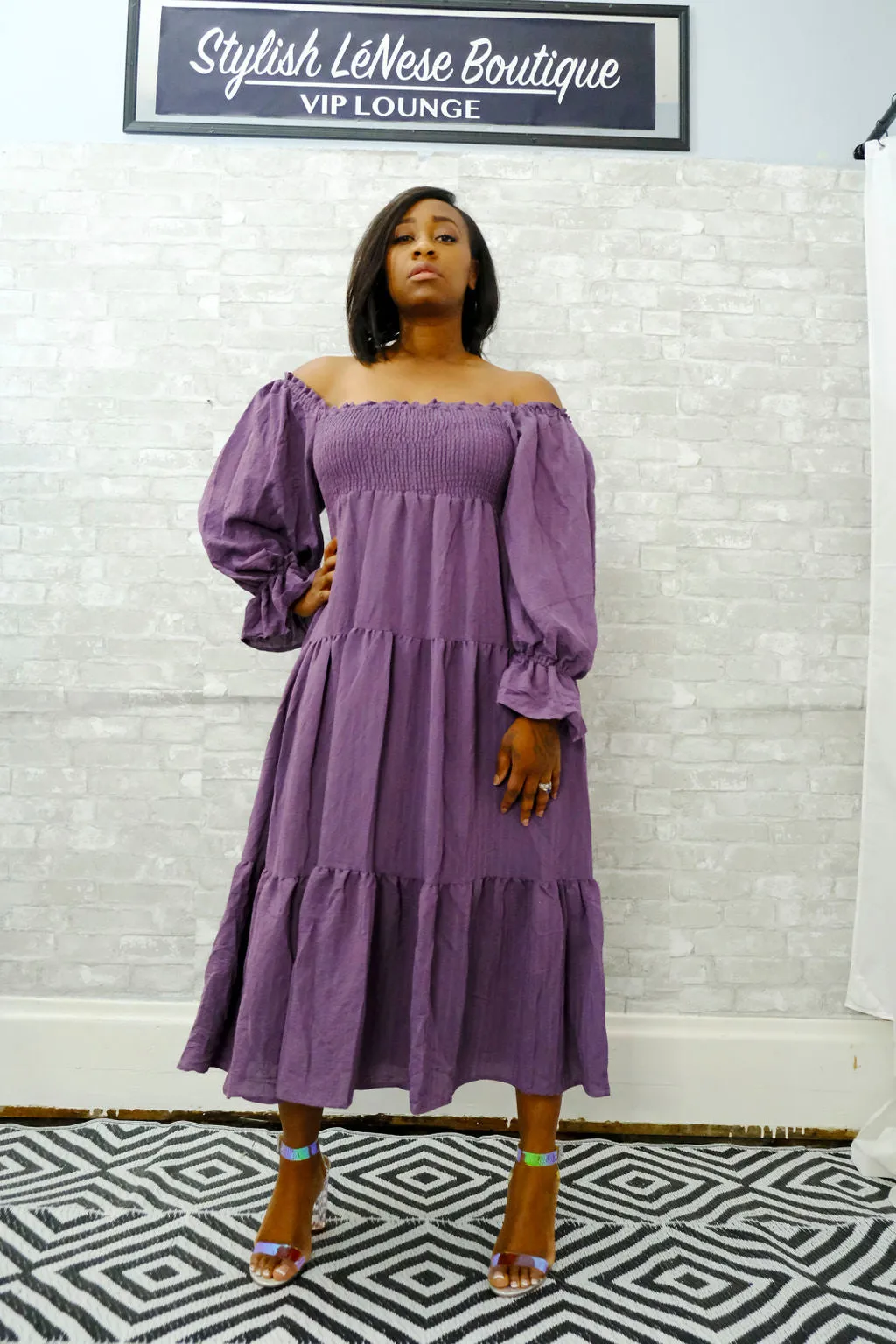 Wisteria, 3/4 Sleeve Smocked Top Tiered Dress w/ Pockets