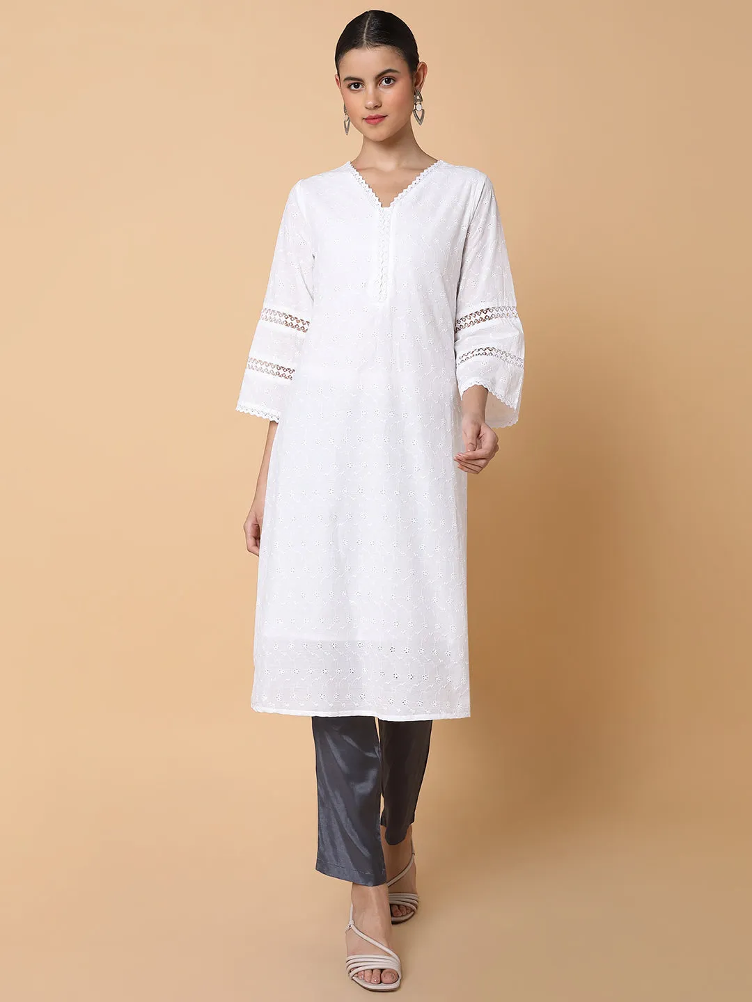 Women Floral White Straight Kurta