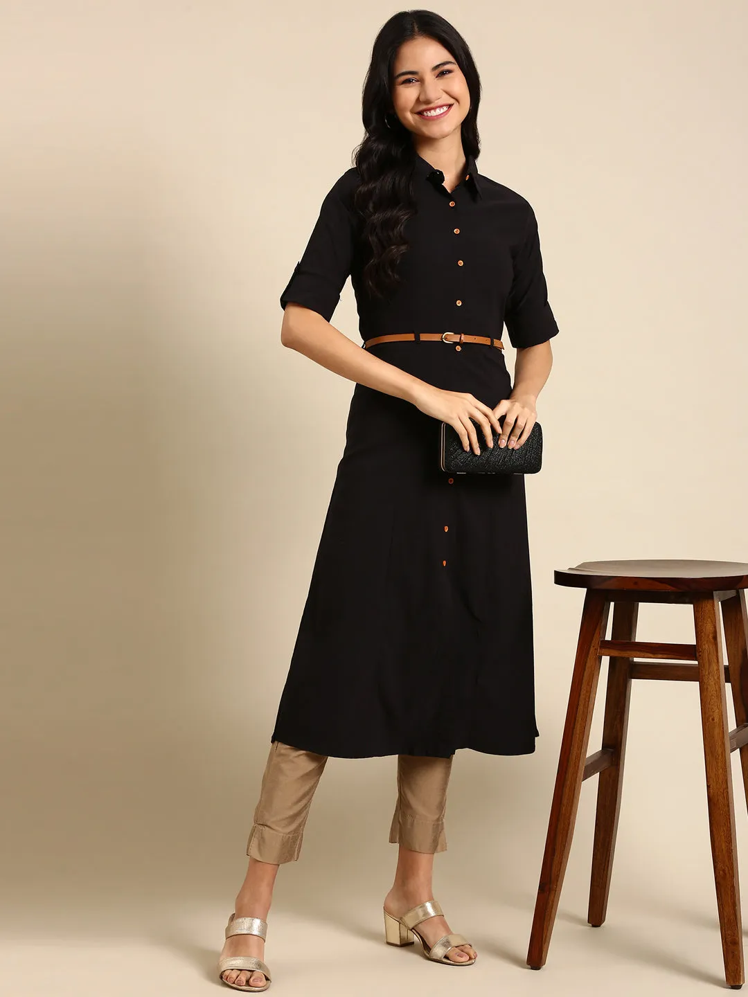 Women's Black Solid A-Line Kurta