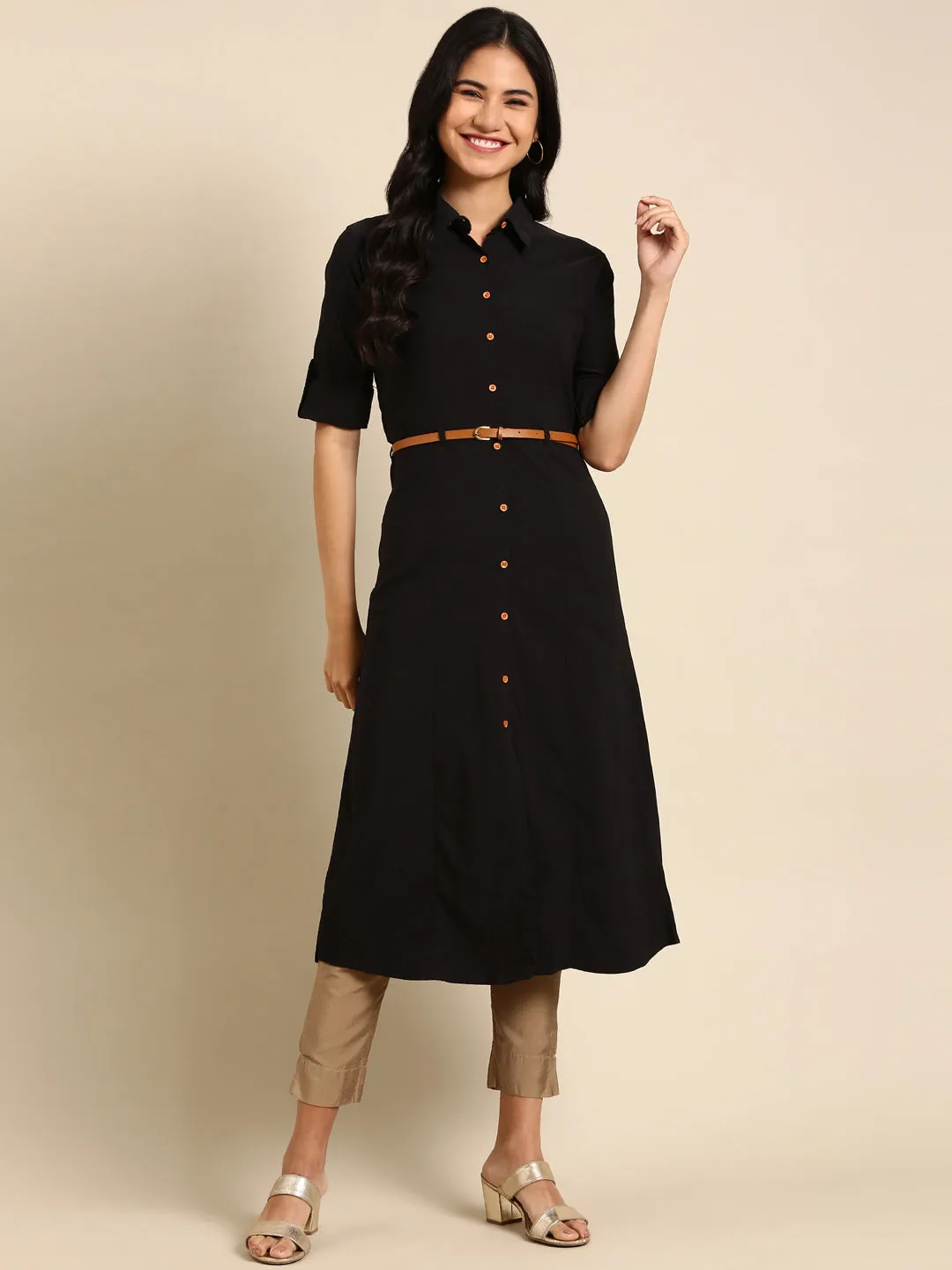 Women's Black Solid A-Line Kurta