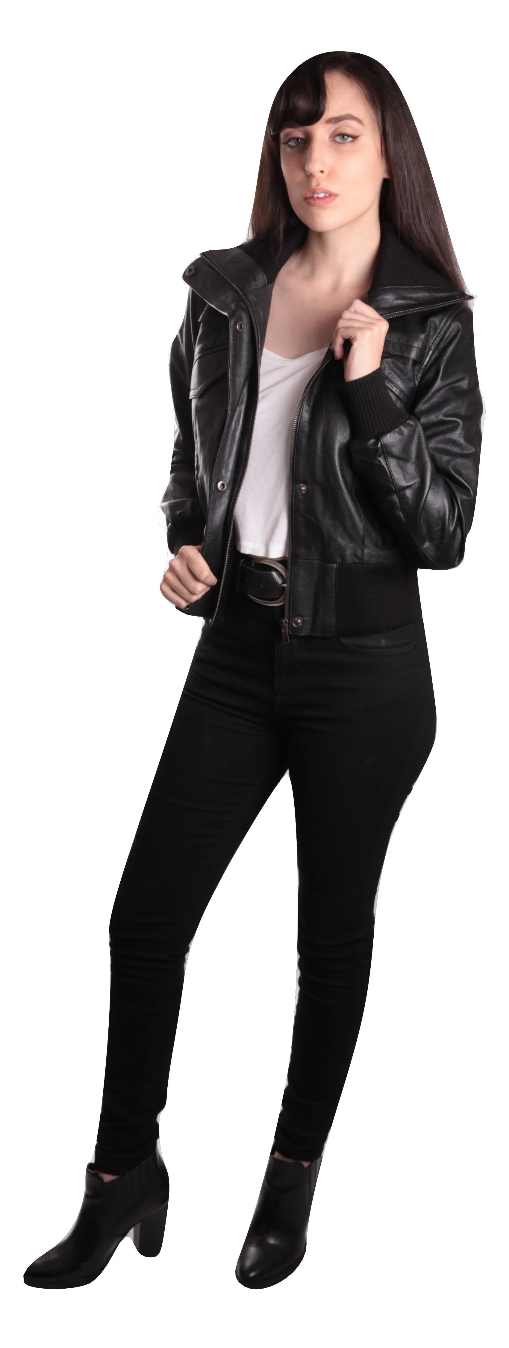 Women's Short-Cut Bomber Leather Jacket