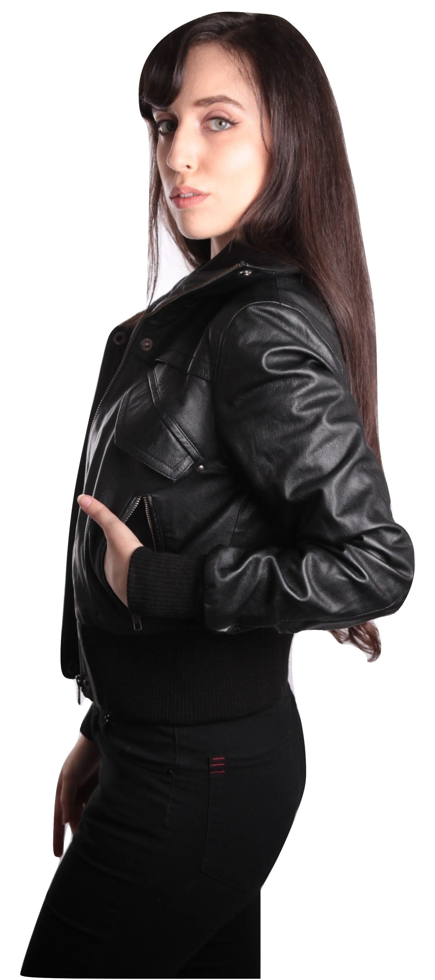 Women's Short-Cut Bomber Leather Jacket