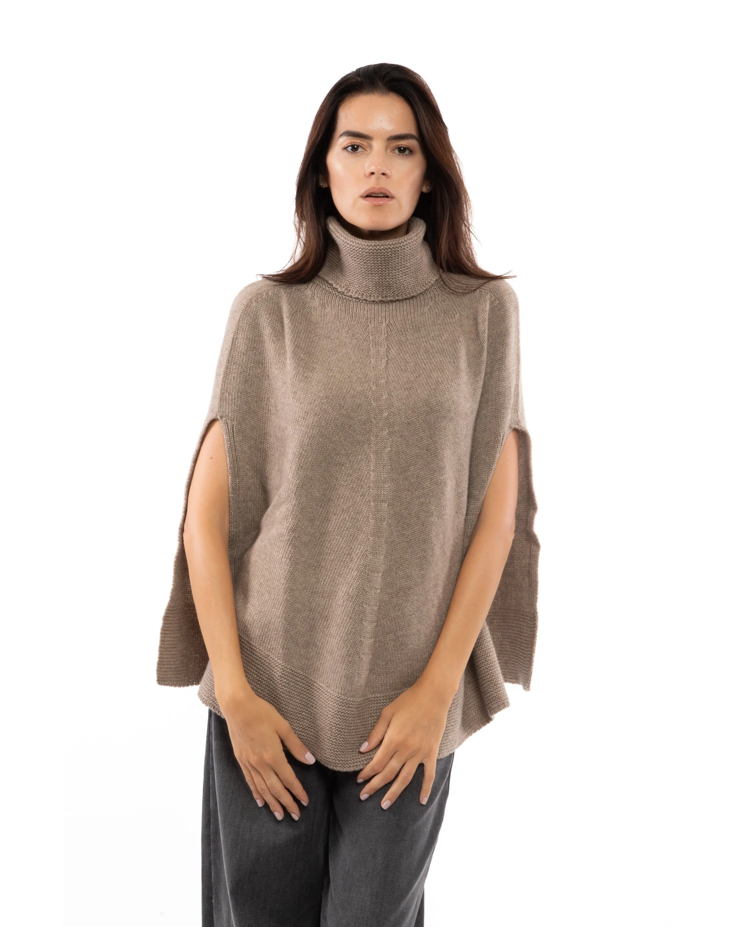 Womens's Pure Cashmere Turtleneck Poncho Melange Gray