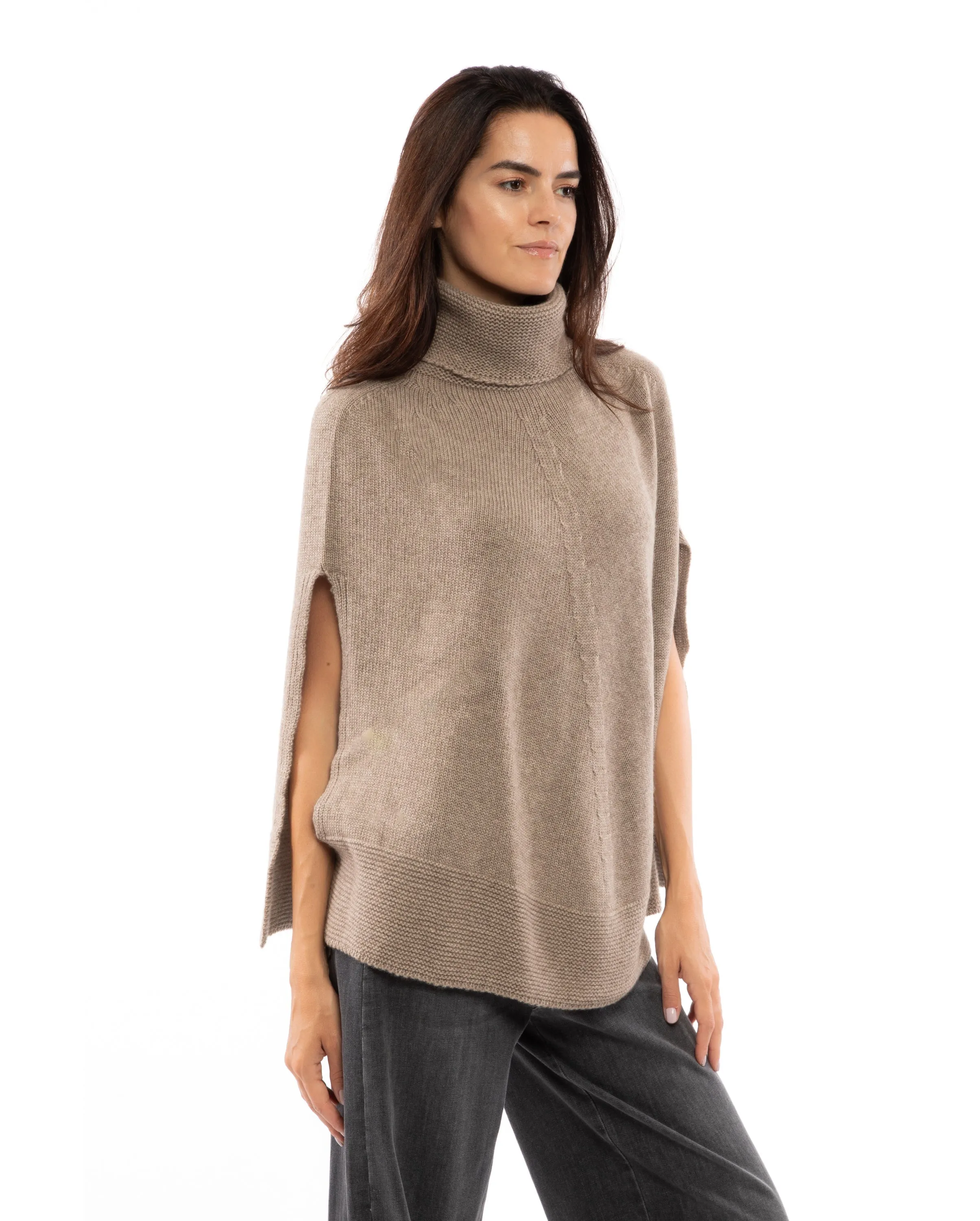 Womens's Pure Cashmere Turtleneck Poncho Melange Gray