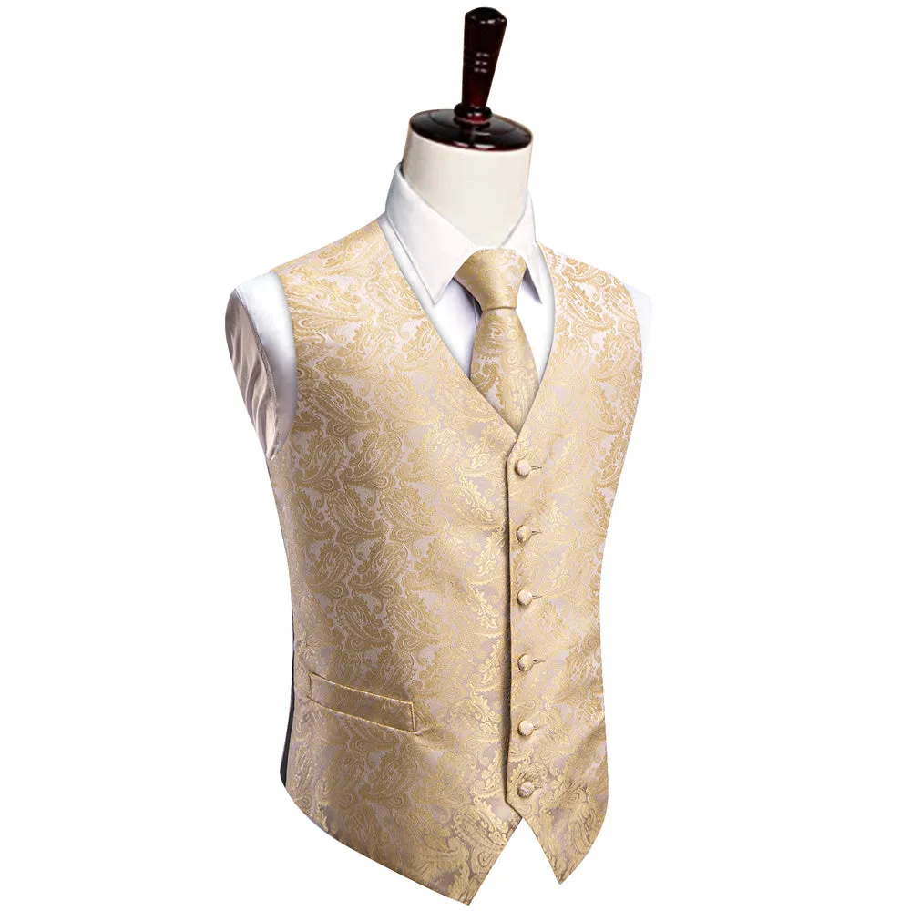 YourTies Champagne Paisley Pattern Waistcoat Vest Necktie Set for Men