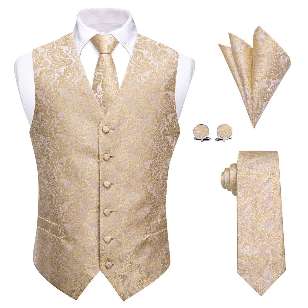 YourTies Champagne Paisley Pattern Waistcoat Vest Necktie Set for Men